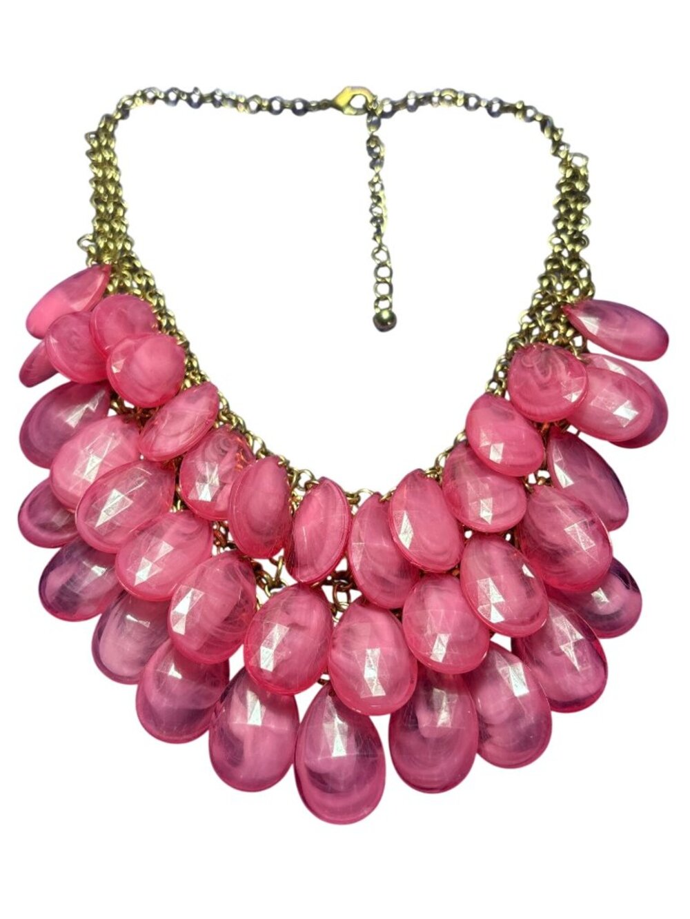 Pink Acrylic Teardrop Beaded Bib Statement Necklace Goldtone Chain 15 - 18 inch